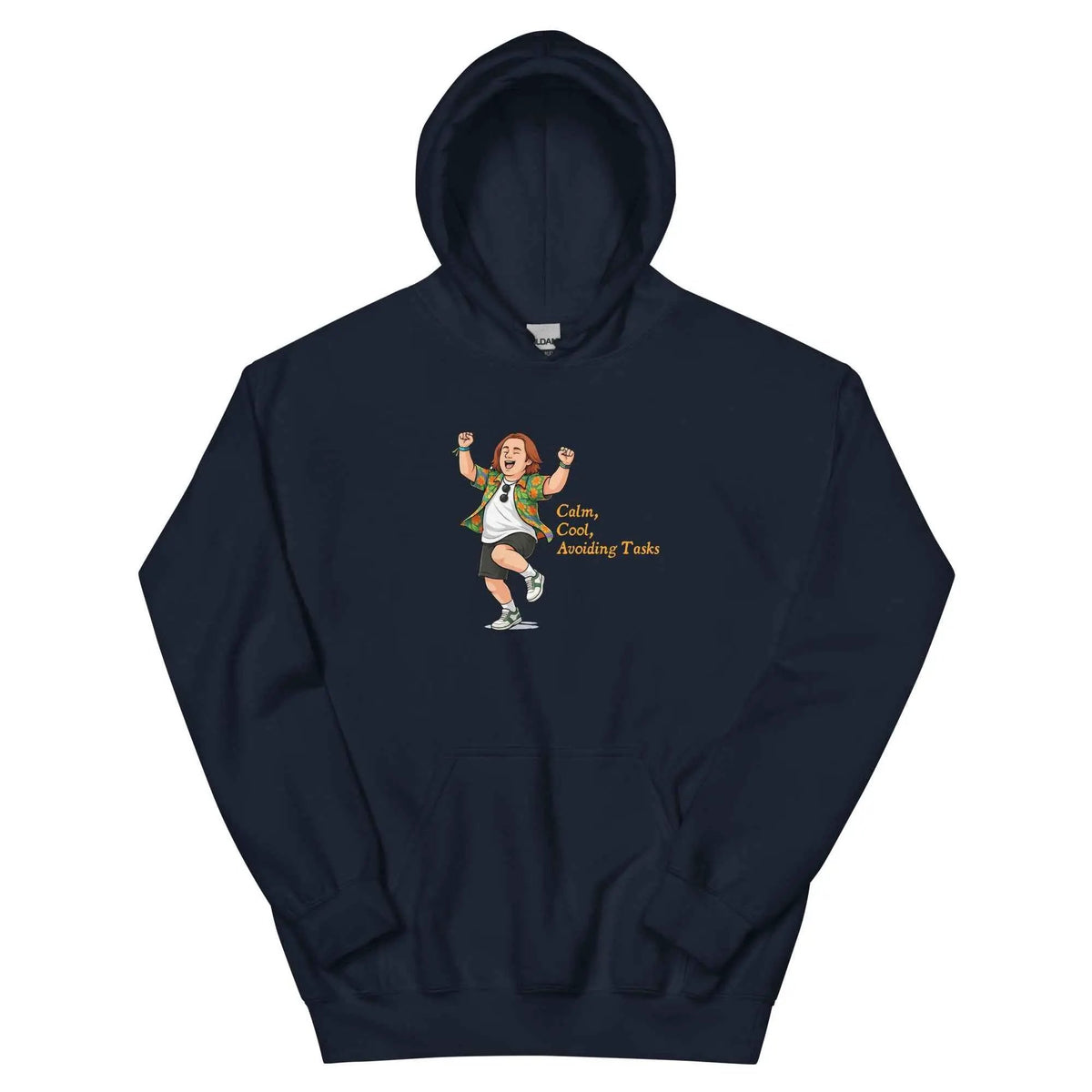 Unisex Lewis Capaldi hoodie in navy, hood and front pocket, cartoon graphic with text.