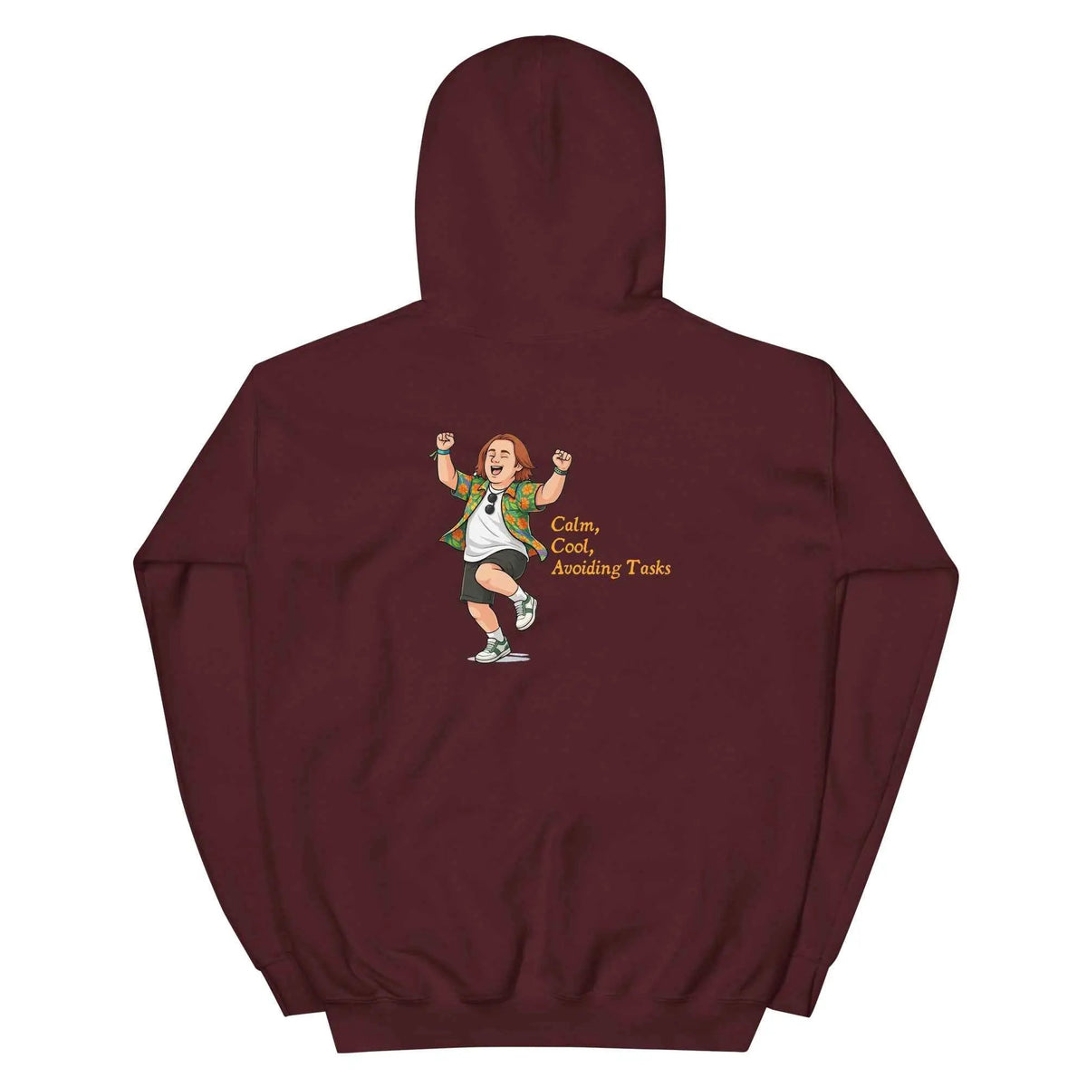 Unisex Lewis Capaldi hoodie in maroon, hooded back view, cartoon graphic with text.