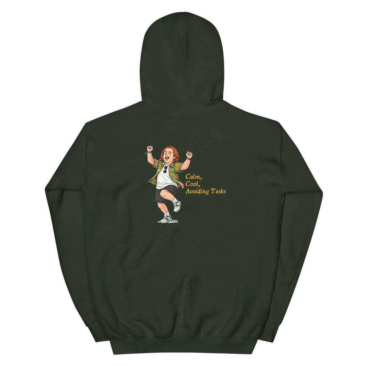 Unisex Lewis Capaldi hoodie in forest green, hooded back view, cartoon graphic with text.