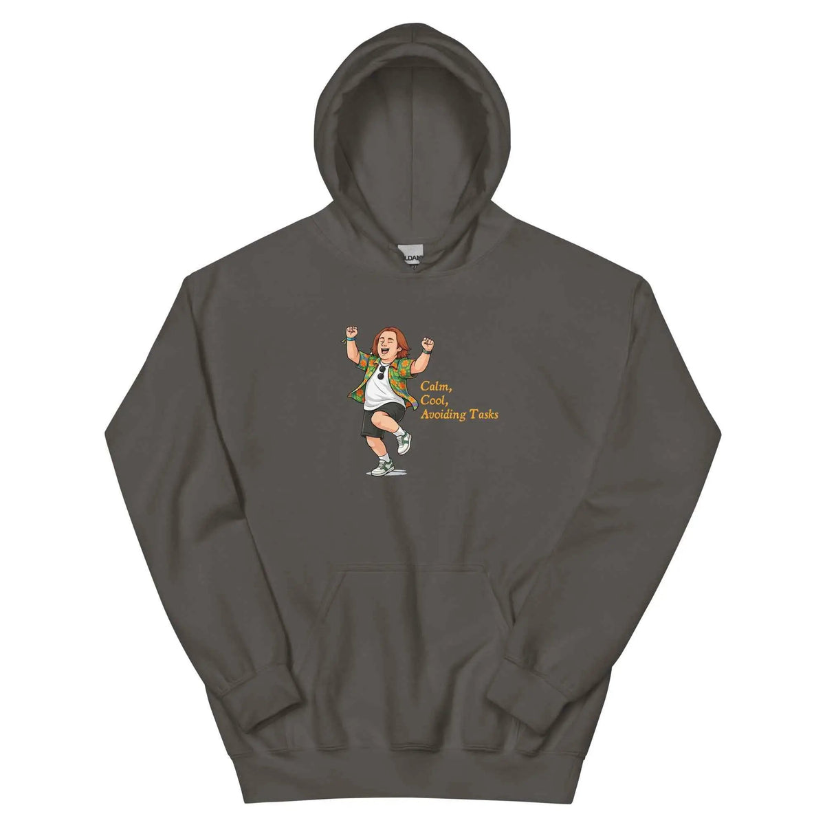 Black unisex hoodie with front graphic print and kangaroo pocket, pullover hood