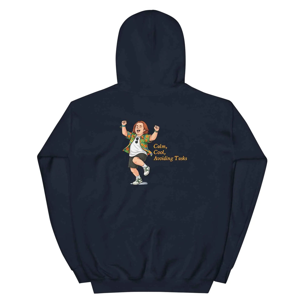 Unisex Lewis Capaldi hoodie in navy, hooded back view, cartoon graphic with text.