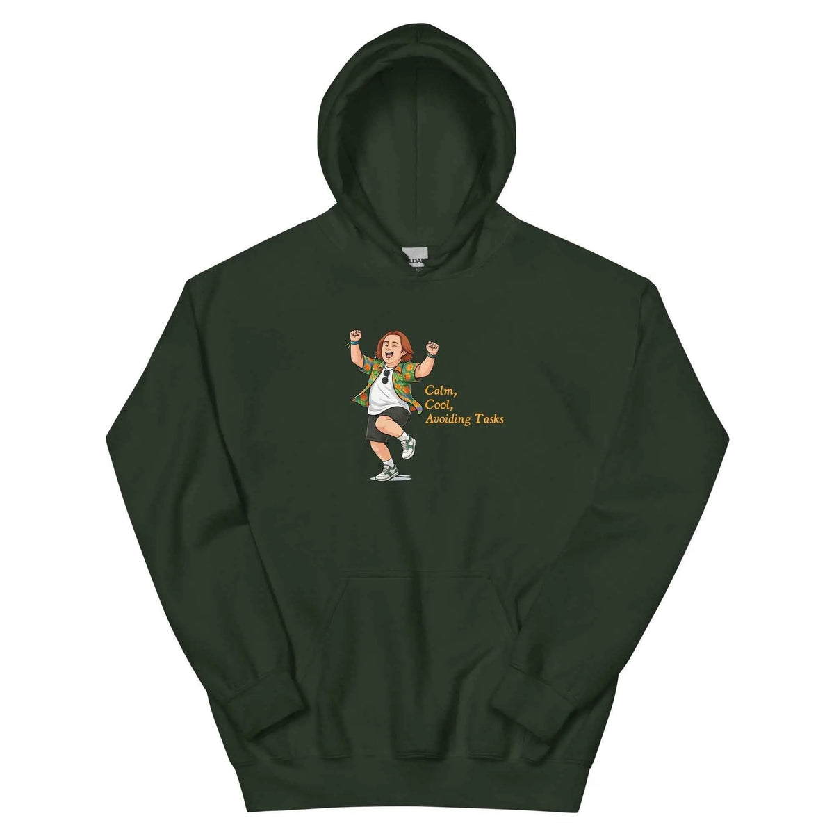 Unisex Lewis Capaldi hoodie in forest green, hood and front pocket, cartoon graphic with text.