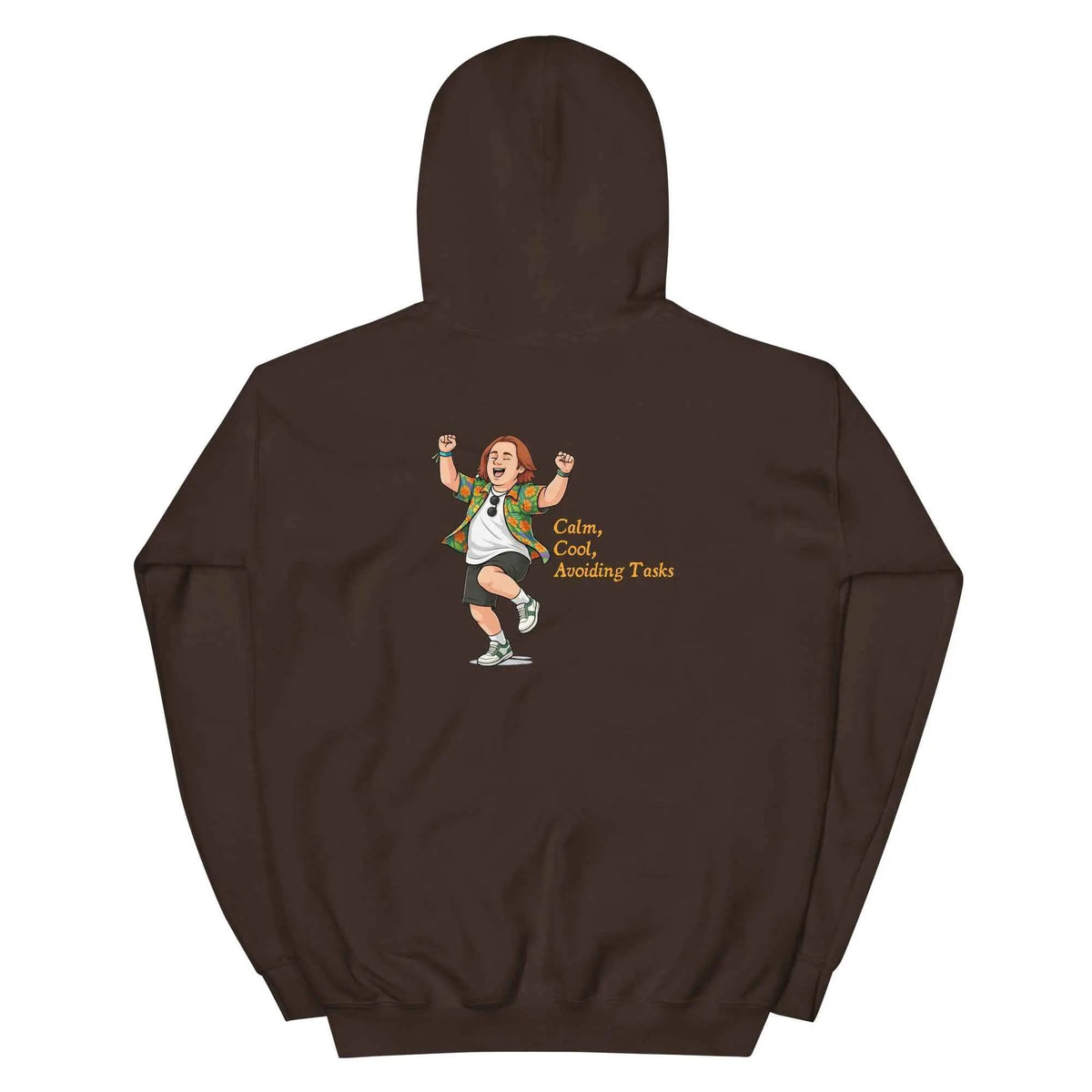 Unisex Lewis Capaldi hoodie in dark brown, hooded back view, cartoon graphic with text.