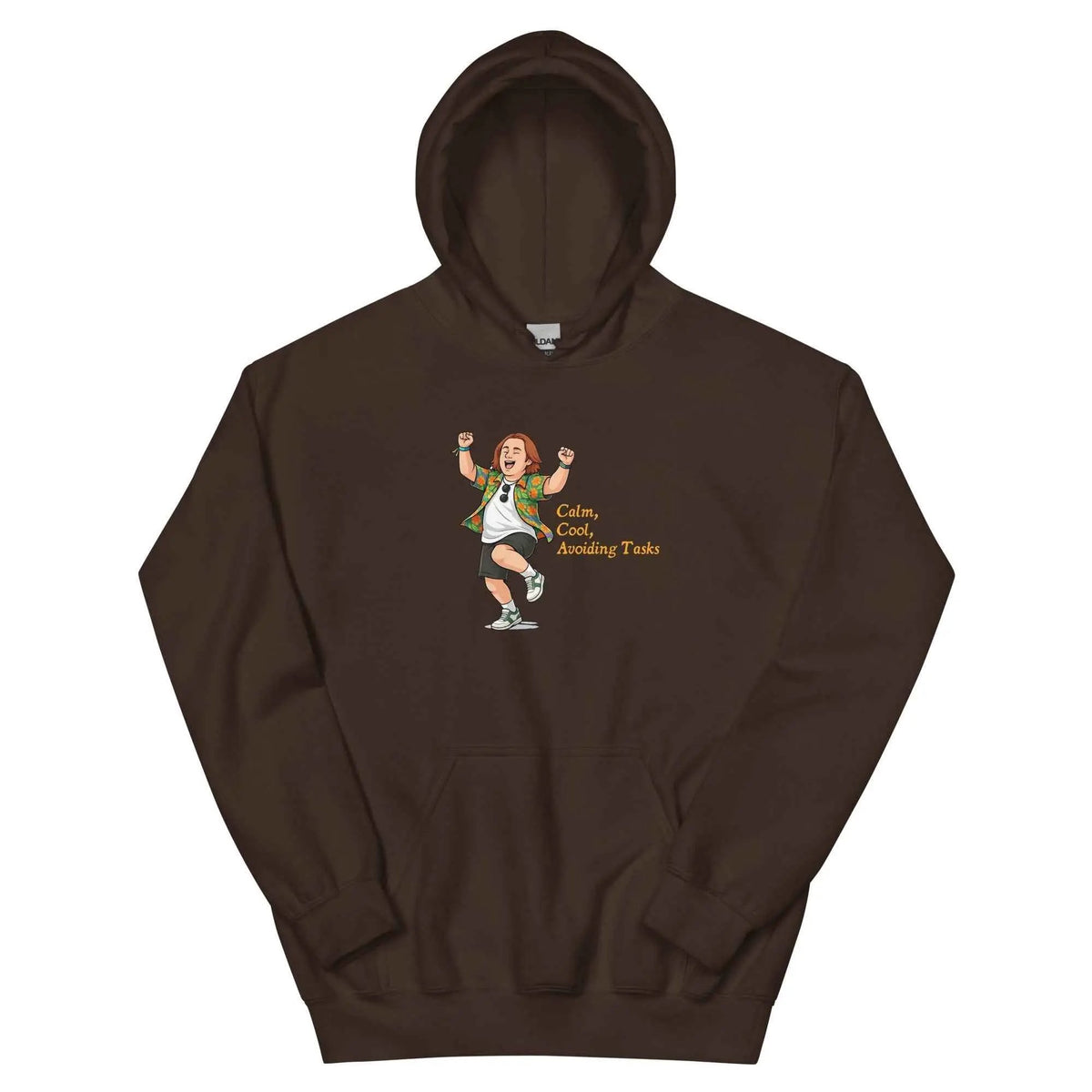 Unisex Lewis Capaldi hoodie in dark brown, hood and front pocket, cartoon graphic with text.