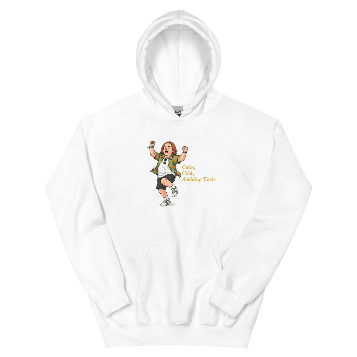 White unisex hoodie with front graphic print and kangaroo pocket, pullover hood