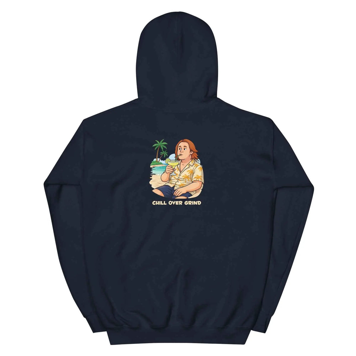 Navy unisex hoodie with back 'CHILL OVER GRIND' graphic, hood and kangaroo pocket.