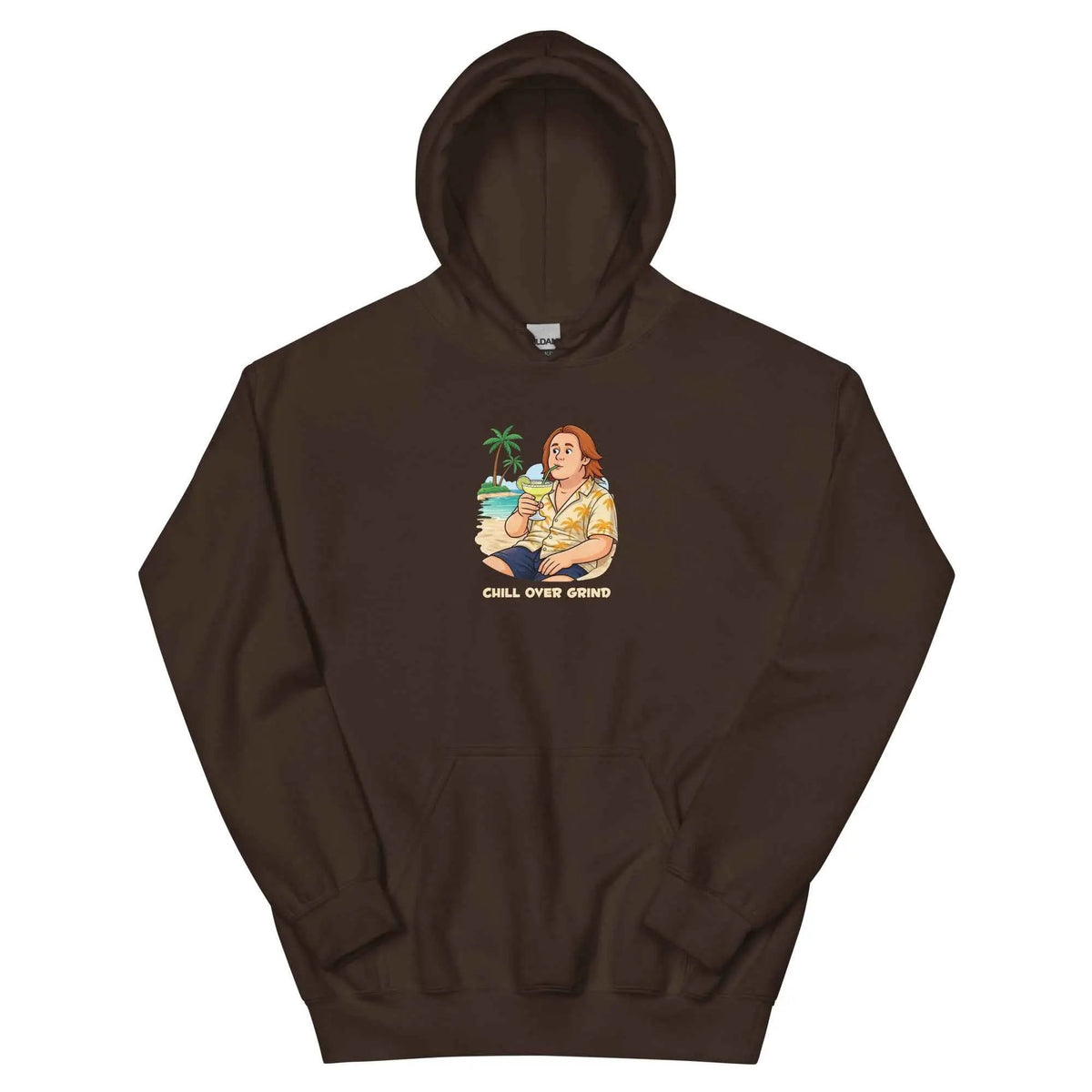 Dark chocolate unisex hoodie with front 'CHILL OVER GRIND' graphic, hood and kangaroo pocket.