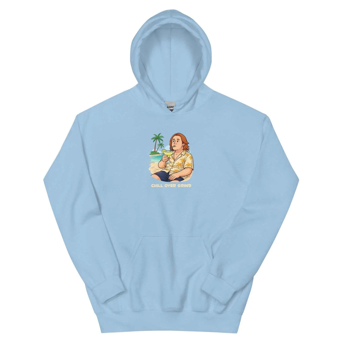 Light blue unisex hoodie with hood, front pocket, and chest graphic