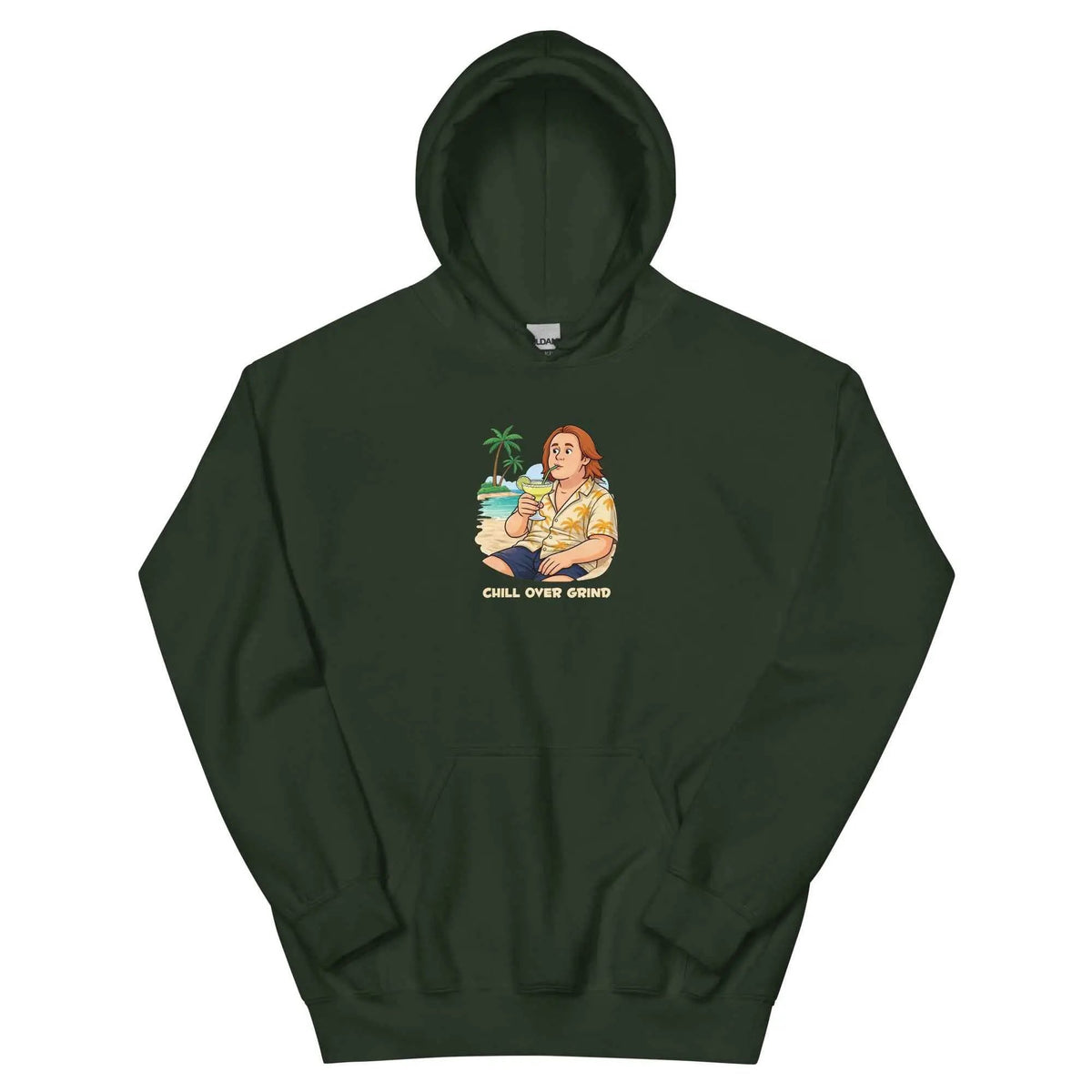 Forest green unisex hoodie with front 'CHILL OVER GRIND' graphic, hood and kangaroo pocket.