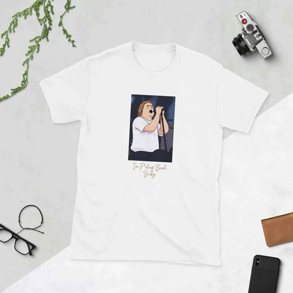 White unisex soft cotton concert T-shirt with front cartoon graphic print
