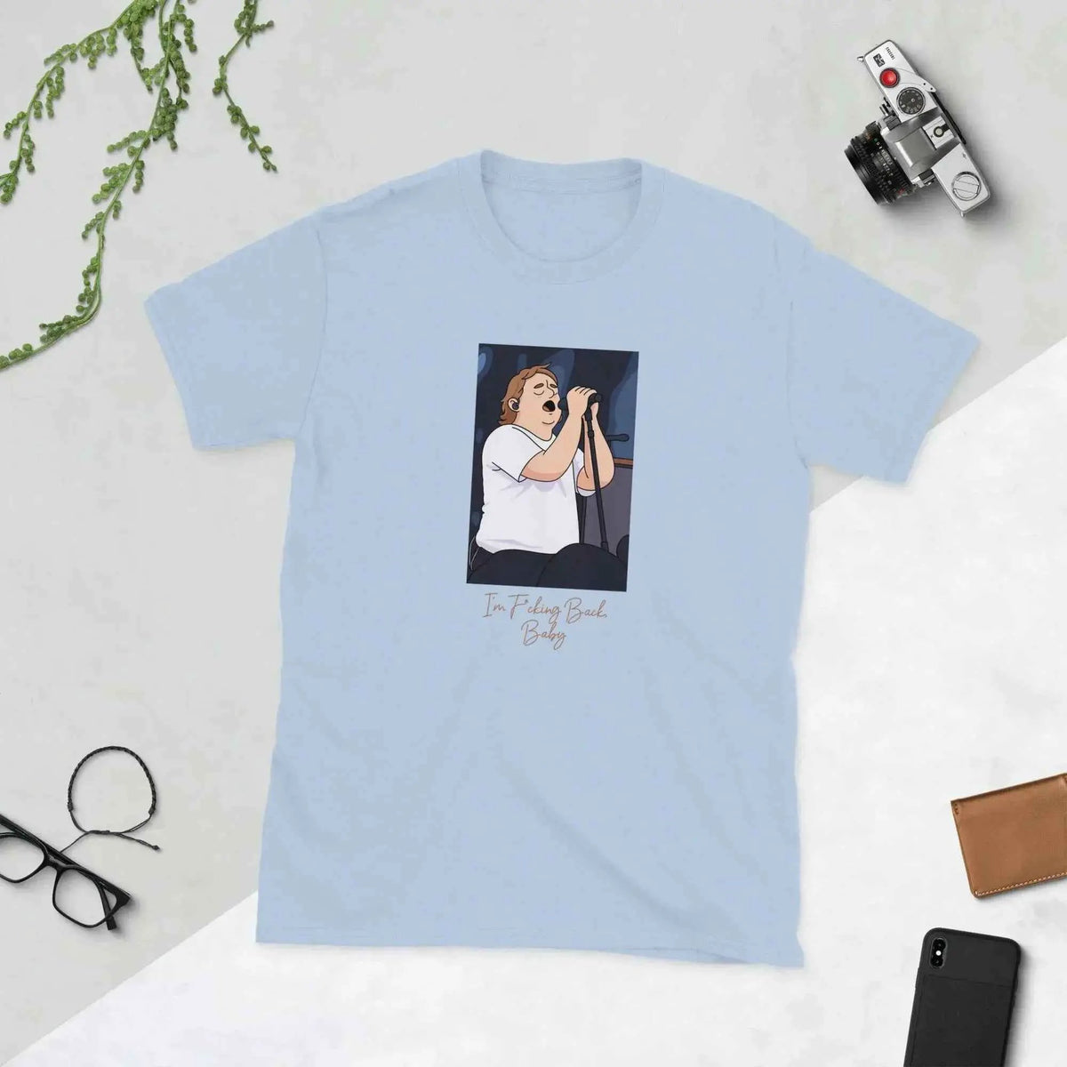 Light blue unisex soft cotton concert T-shirt with front cartoon graphic print