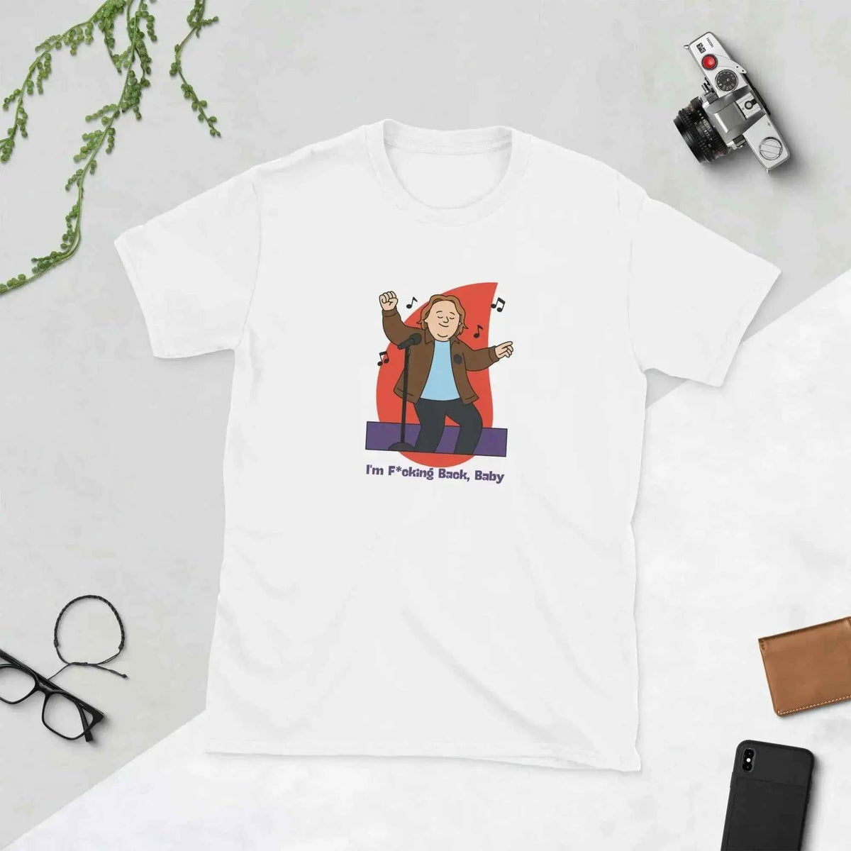 Unisex white T-shirt with front cartoon musician graphic and small text