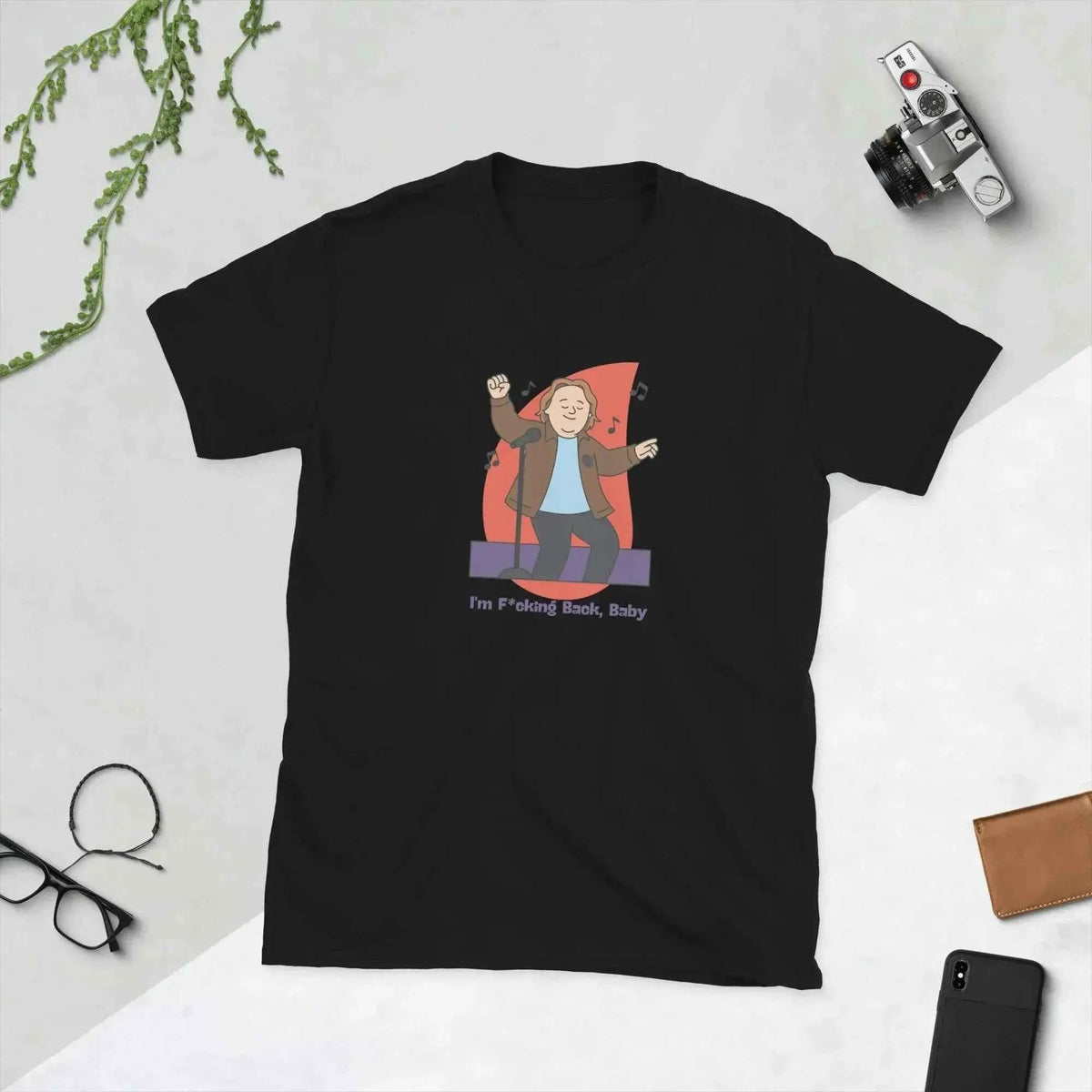 Unisex black T-shirt with front cartoon musician graphic and small text