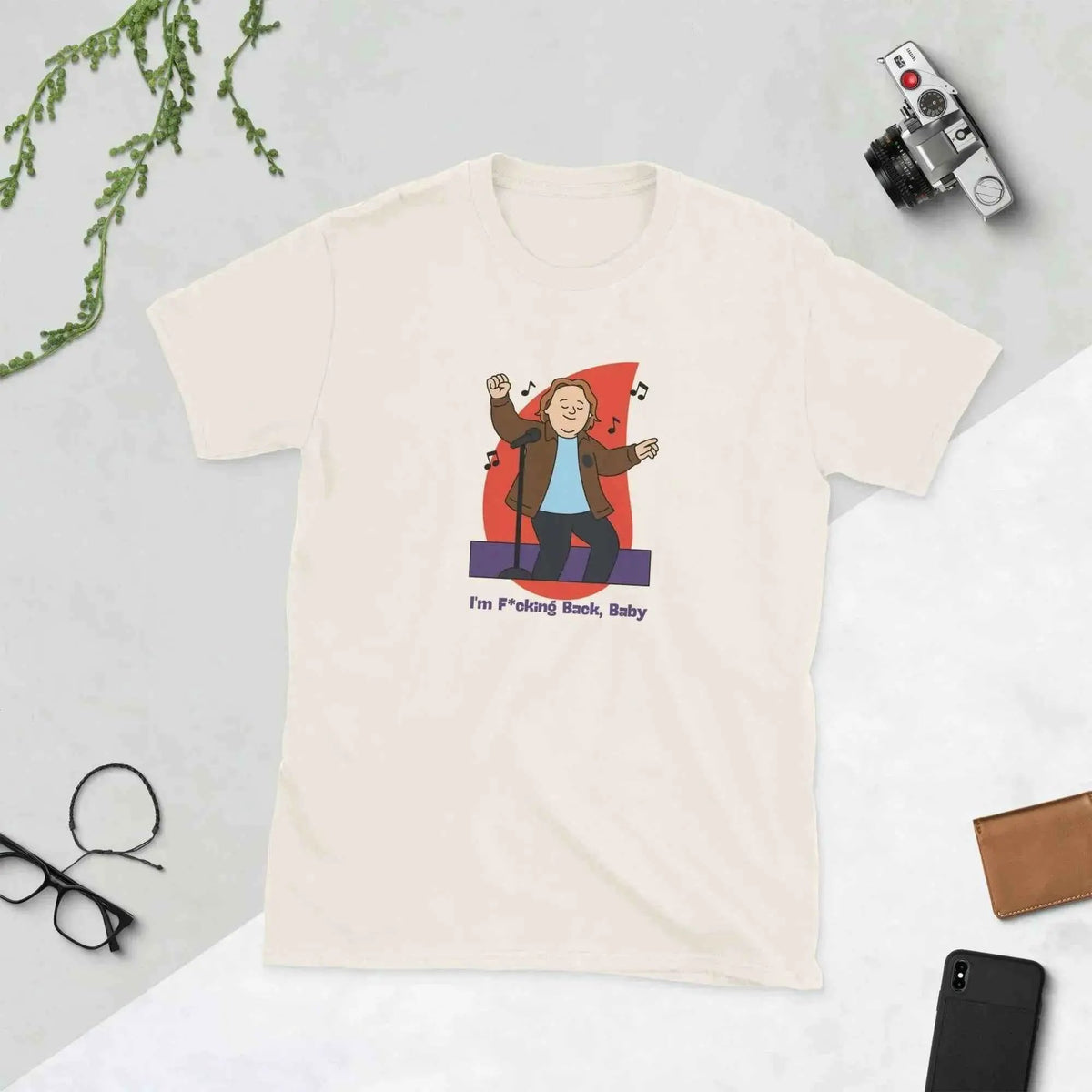 Unisex natural/cream T-shirt with front cartoon musician graphic and small text