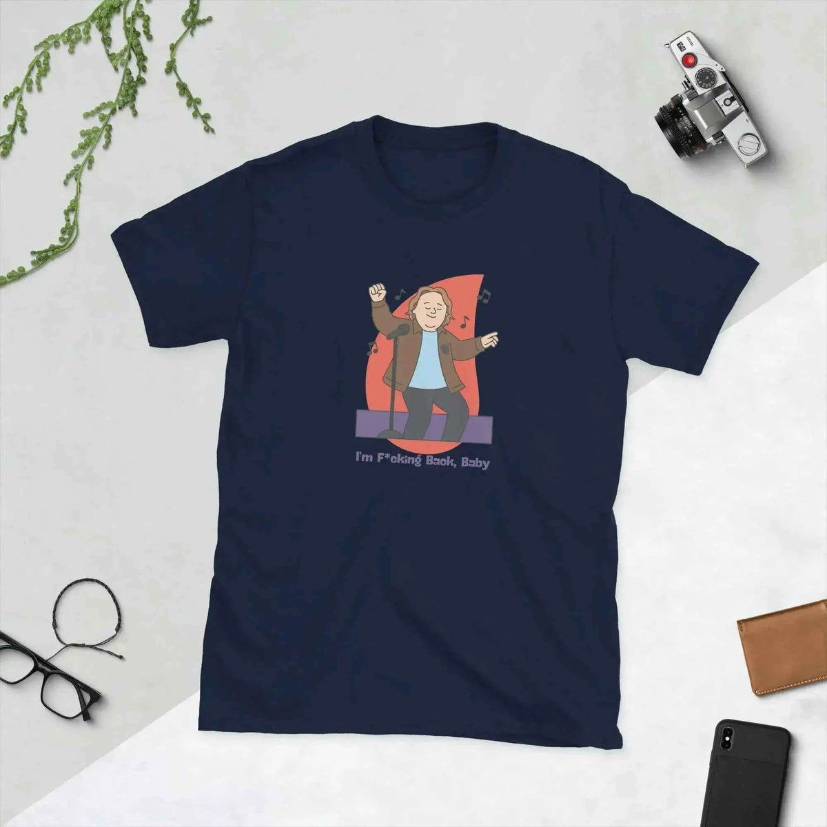 Unisex navy T-shirt with front cartoon musician graphic and small text