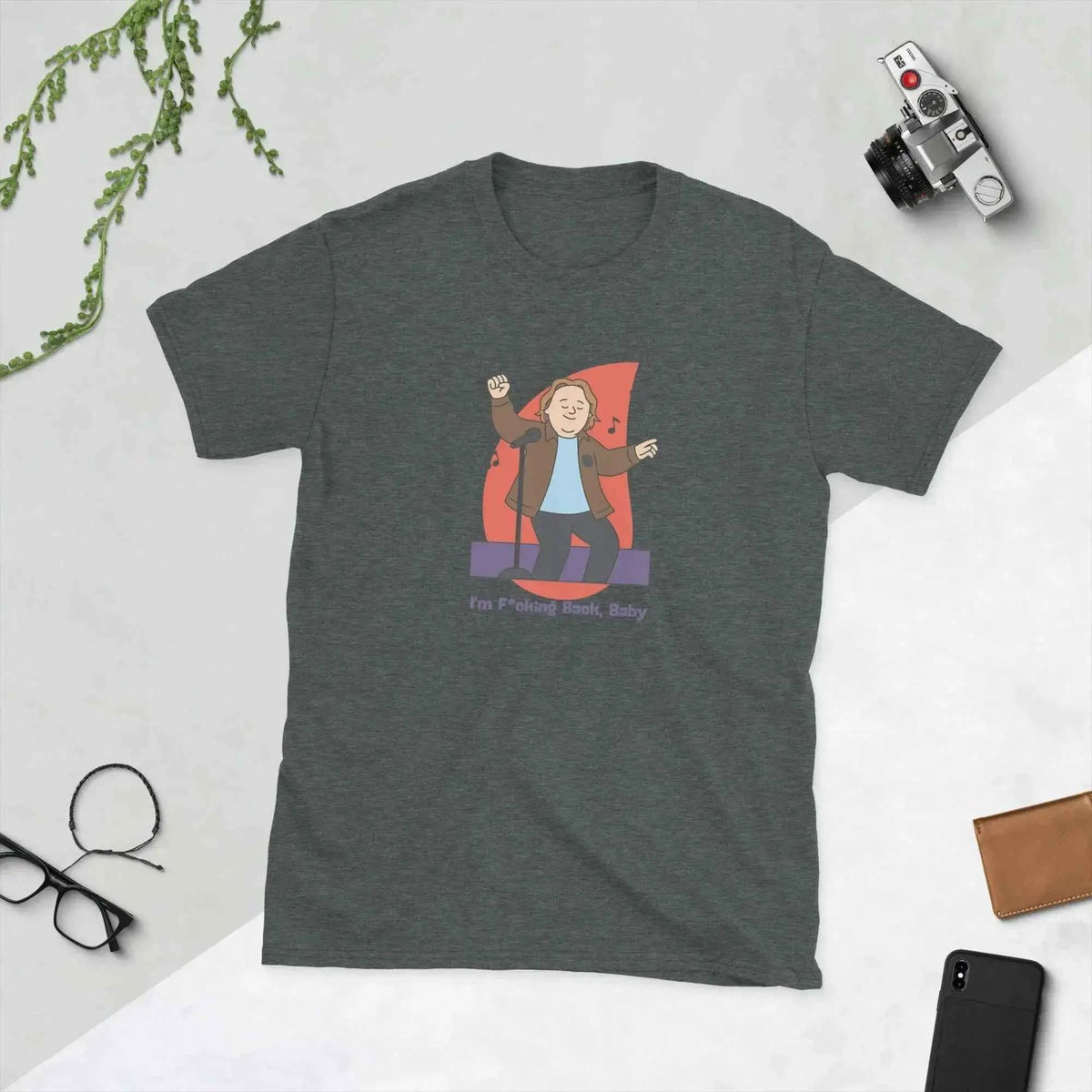 Unisex dark gray T-shirt with front cartoon musician graphic and small text