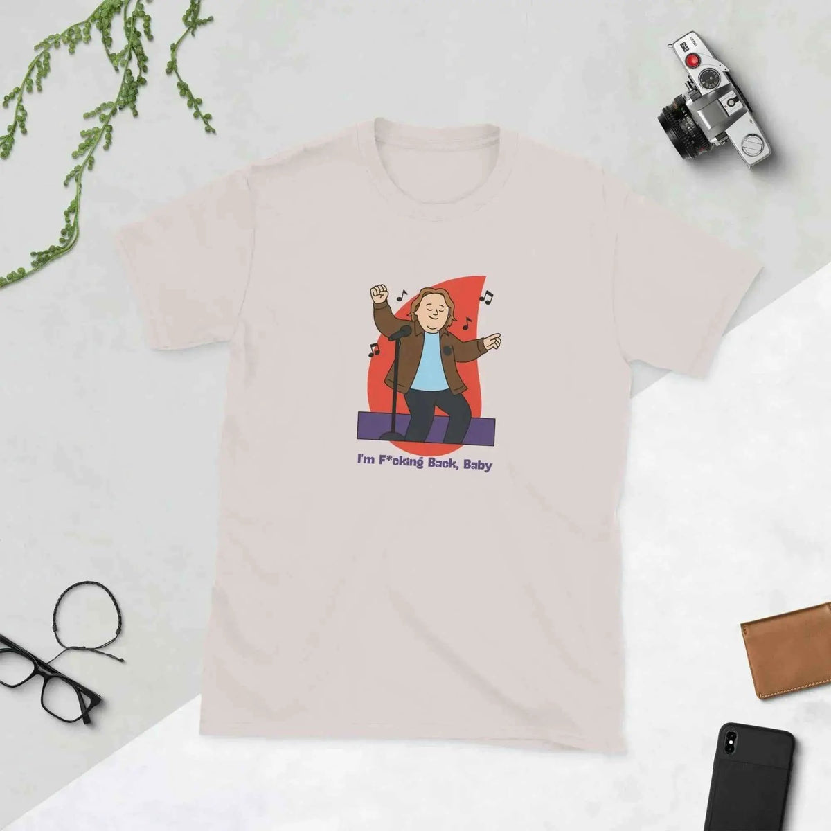 Unisex light pink T-shirt with front cartoon musician graphic and small text