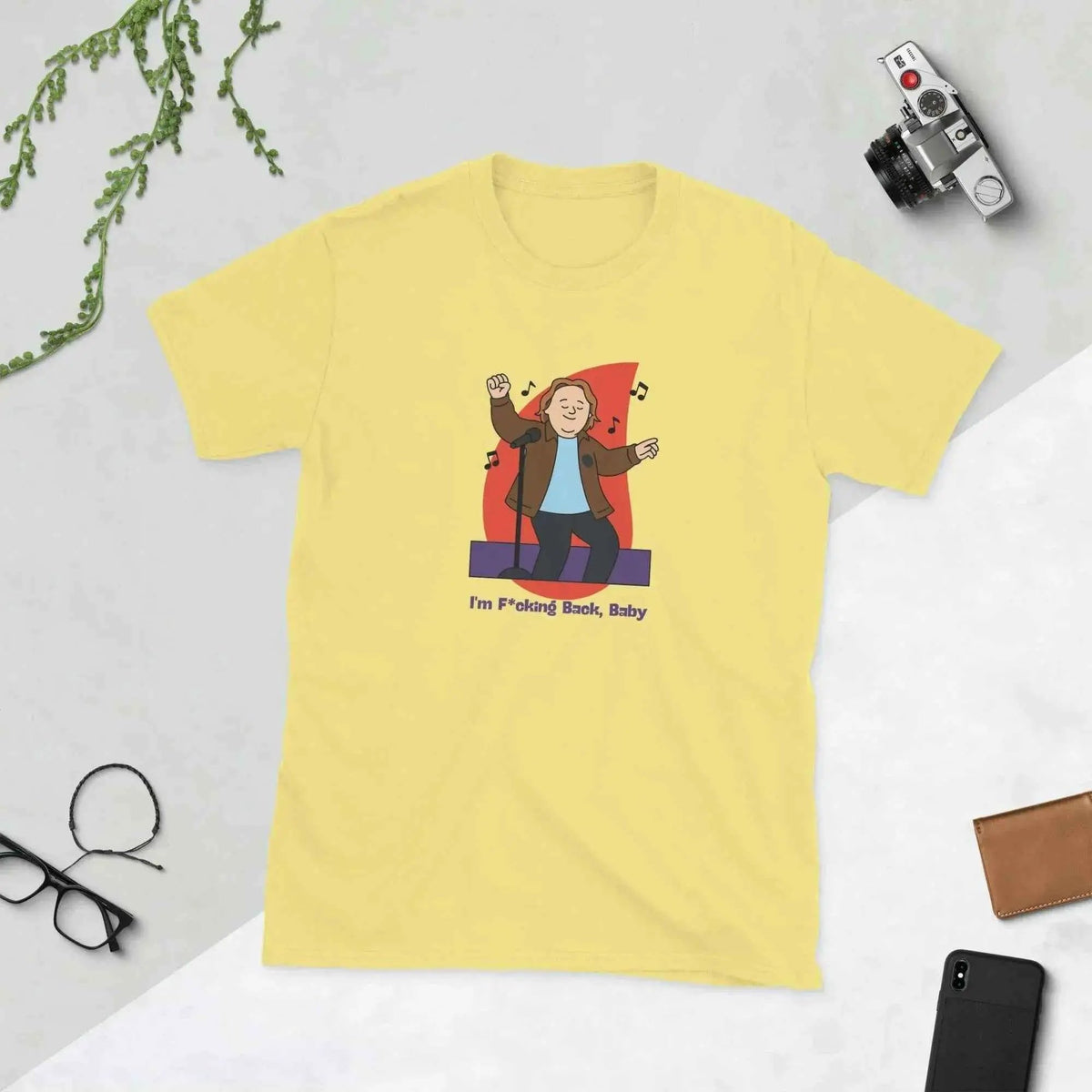 Unisex daisy yellow T-shirt with front cartoon musician graphic and small text