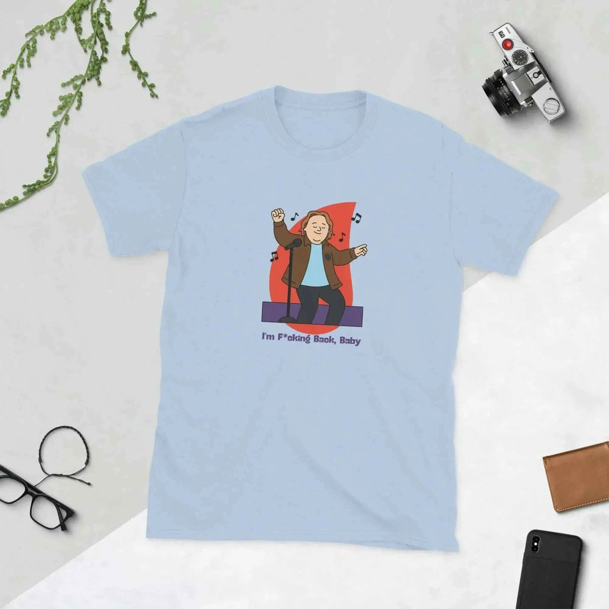 Unisex light blue T-shirt with front cartoon musician graphic and small text