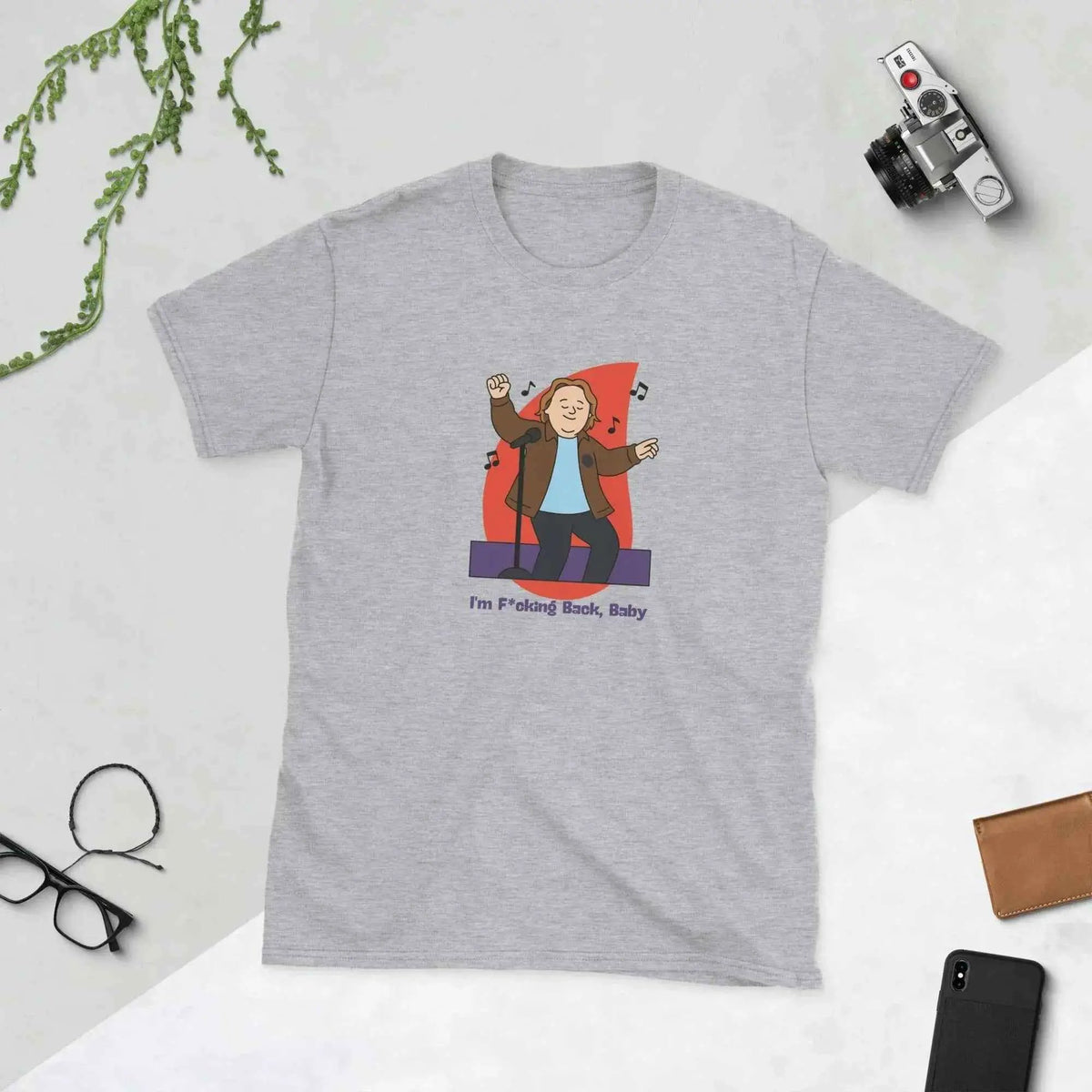 Unisex sport gray T-shirt with front cartoon musician graphic and small text