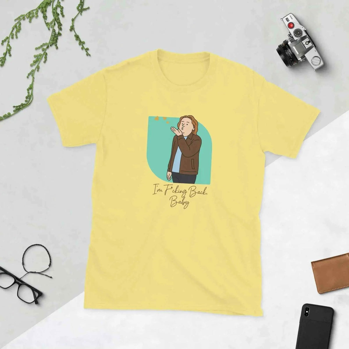 Unisex cotton T-shirt, daisy yellow crewneck with cartoon front graphic