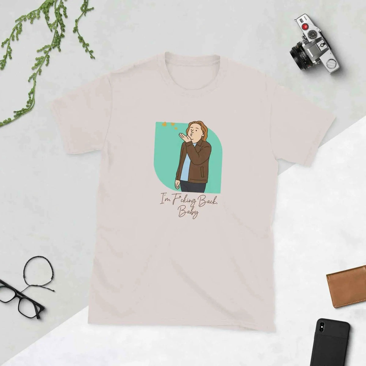 Unisex cotton T-shirt, light beige crewneck with cartoon front graphic