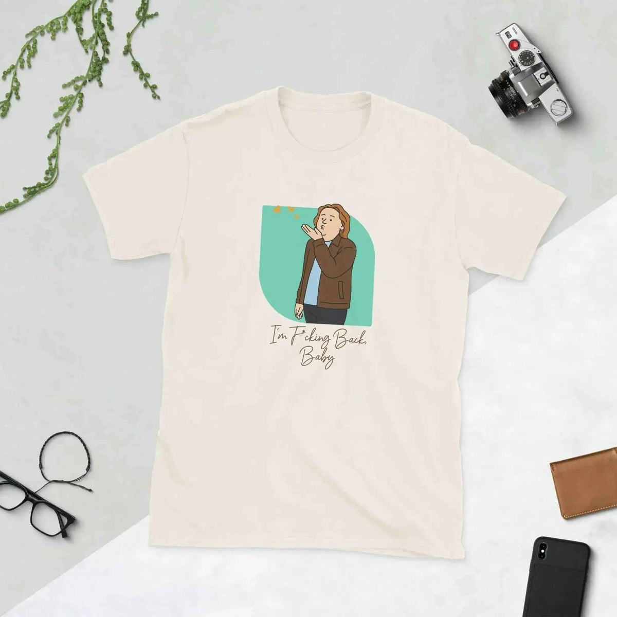 Unisex cotton T-shirt, cream crewneck with cartoon front graphic