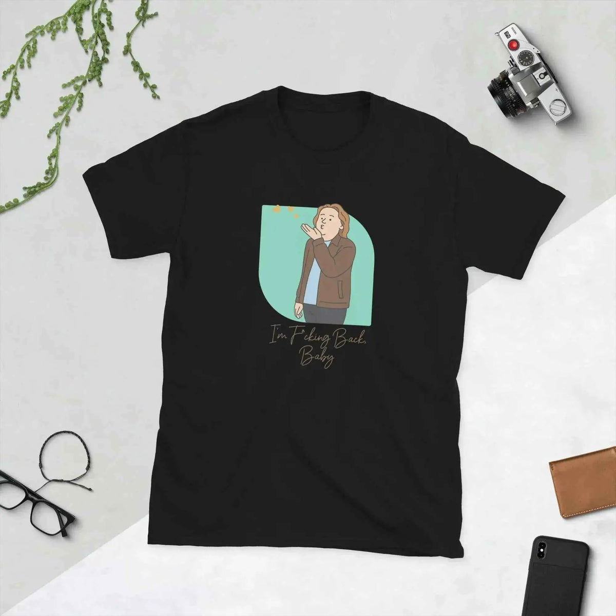 Unisex cotton T-shirt, black crewneck with cartoon front graphic