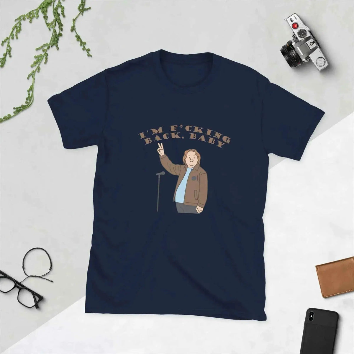 Unisex graphic cotton T-shirt in navy with front cartoon text and figure print