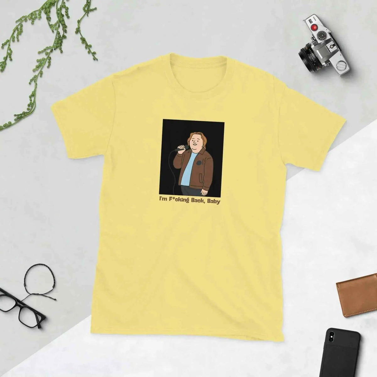 Unisex yellow T-shirt with centered portrait graphic print