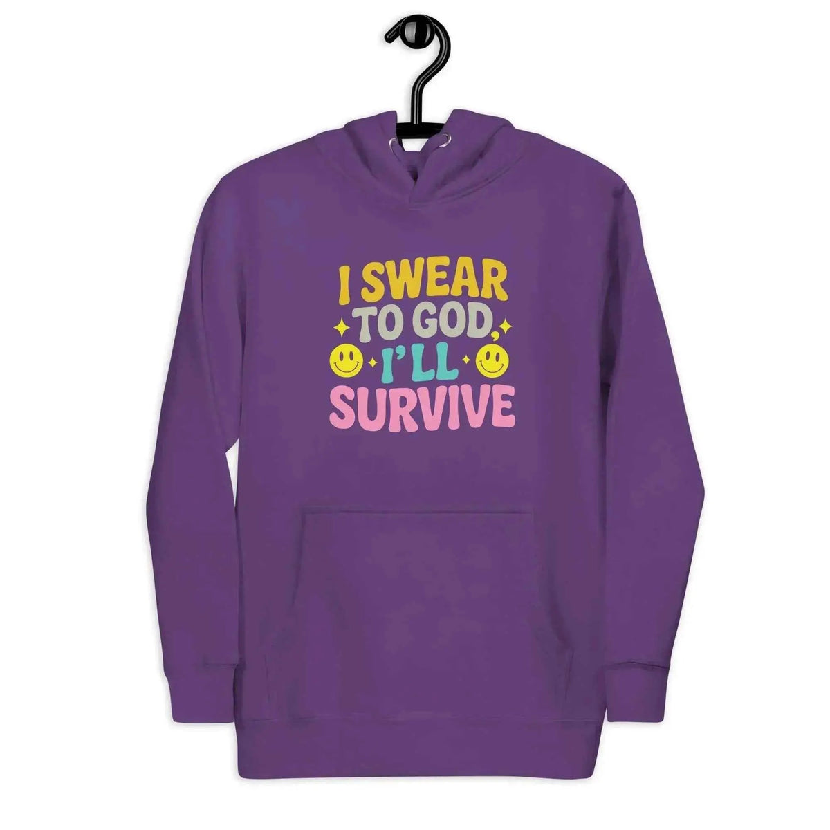 Purple unisex pullover hoodie with front slogan graphic and kangaroo pocket