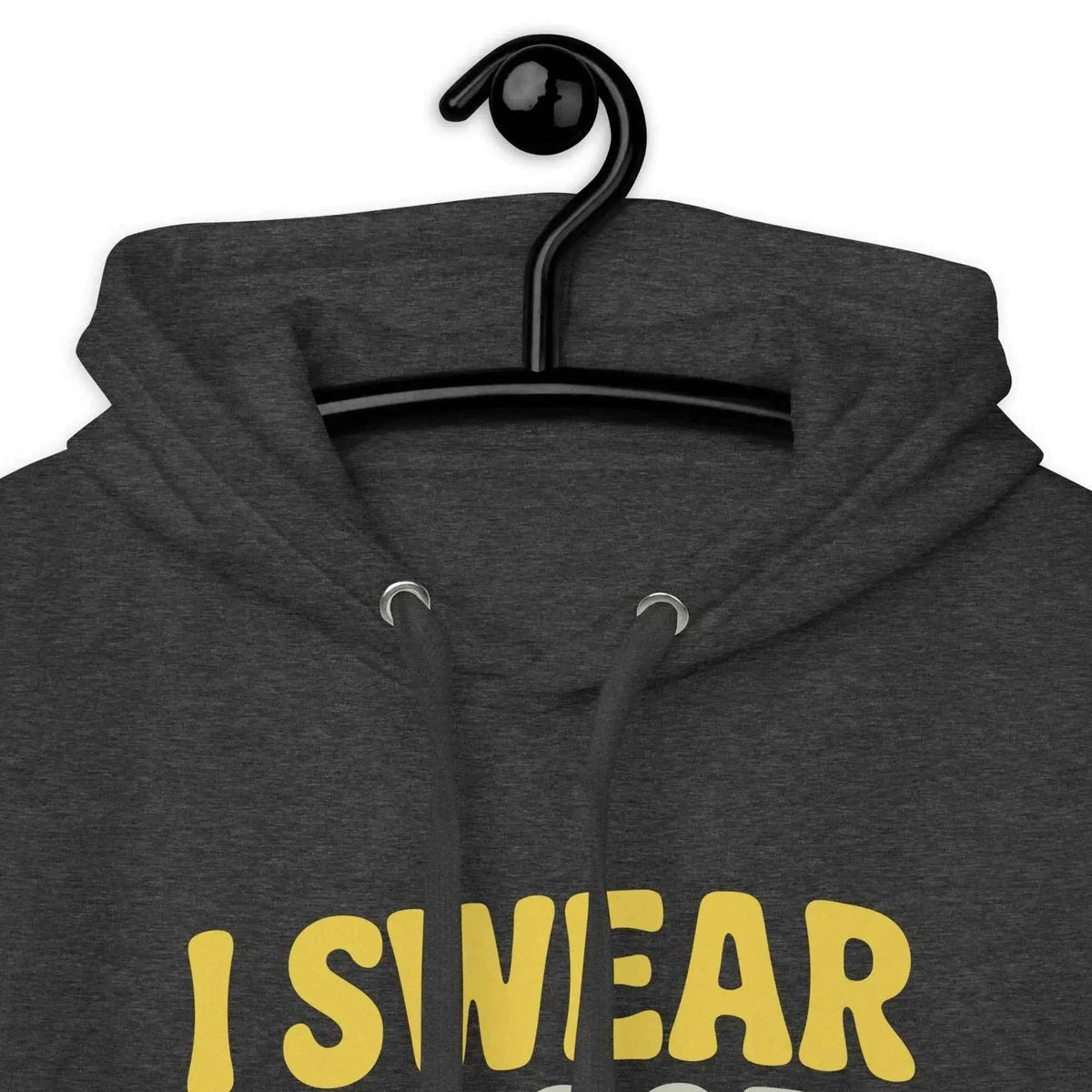 Charcoal gray unisex hoodie close-up of hood and "I Swear to God, I'll survive" graphic
