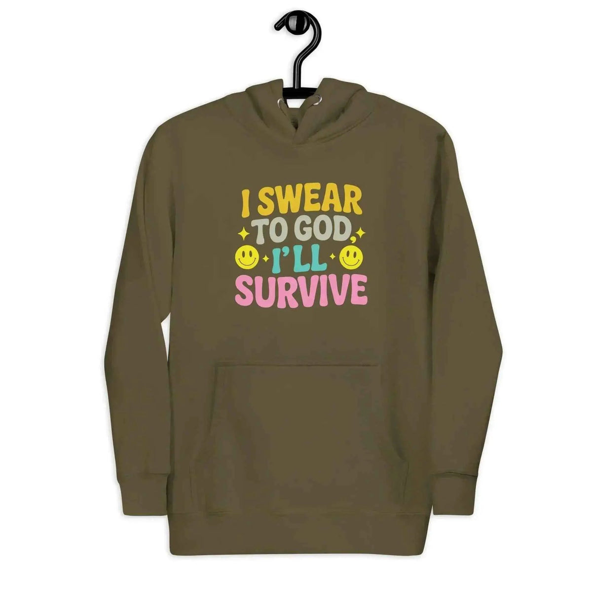 Olive unisex pullover hoodie with front slogan graphic and kangaroo pocket