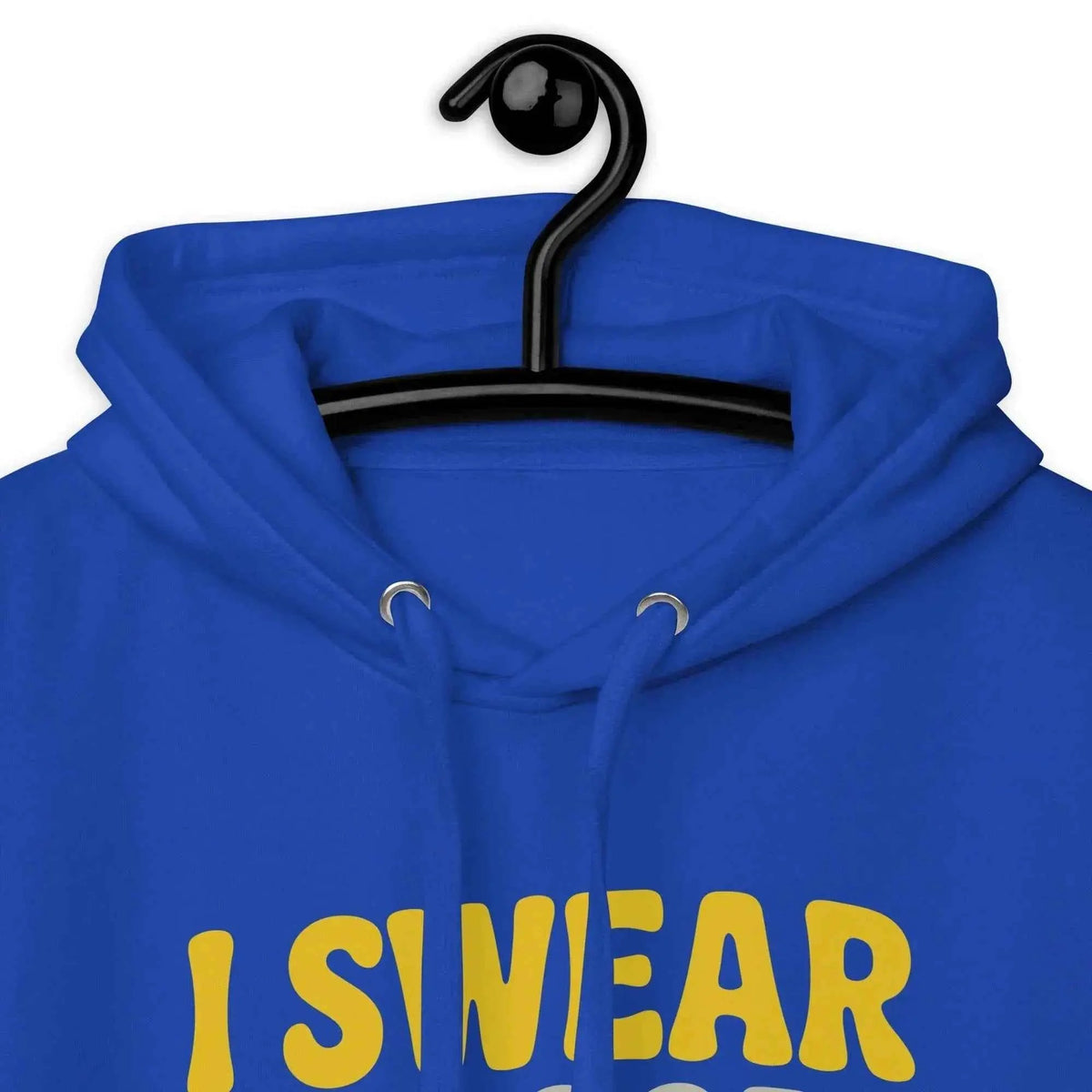 Royal blue hoodie close-up: drawstring hood and front slogan print