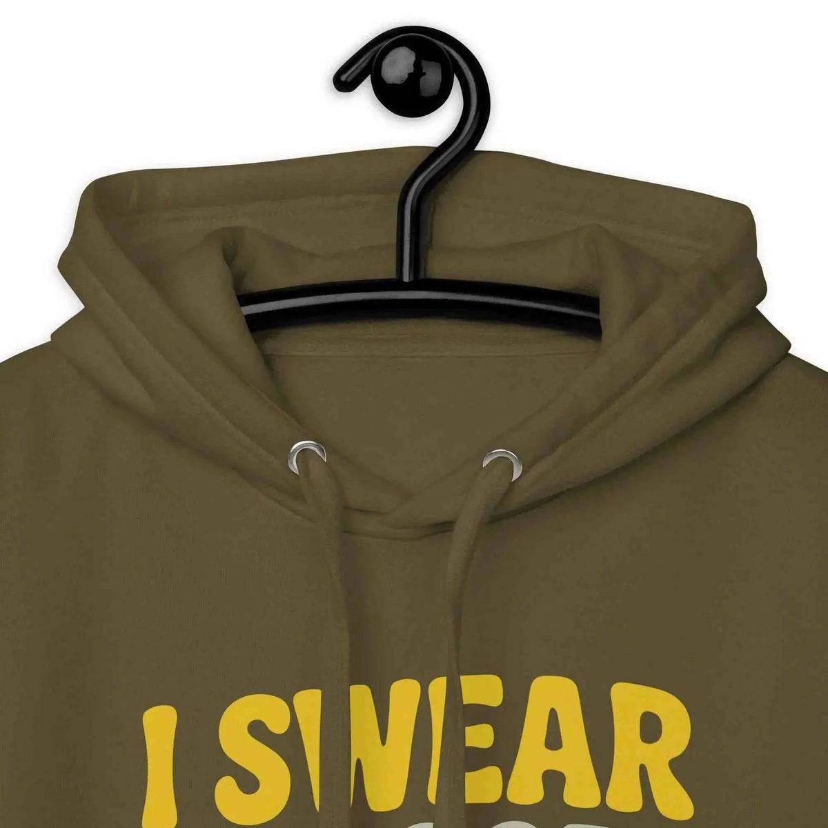 Olive hoodie close-up: drawstring hood and front slogan print