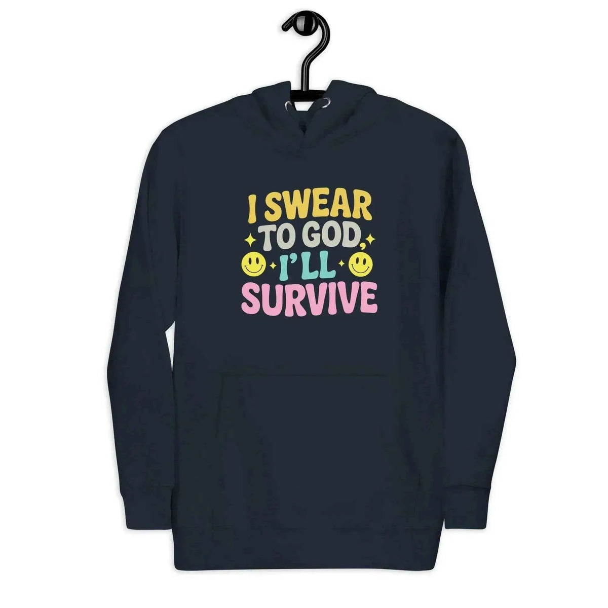 Navy unisex pullover hoodie with front slogan graphic and kangaroo pocket