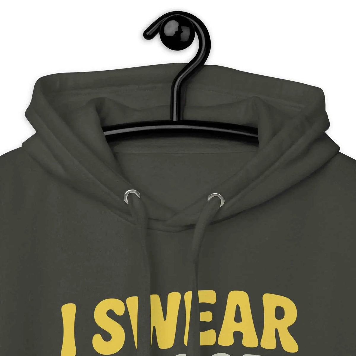 Charcoal gray unisex pullover hoodie hood close-up with “I SWEAR TO GOD... I’LL SURVIVE” text