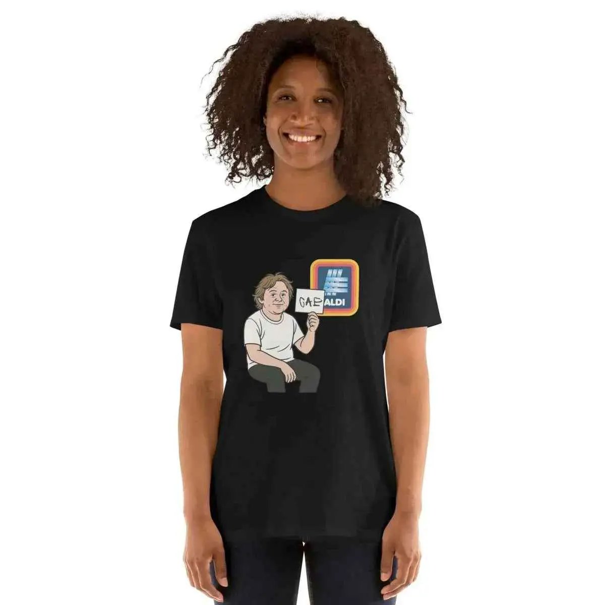 Unisex cotton T-shirt, black, front graphic of cartoon character with Aldi-style logo