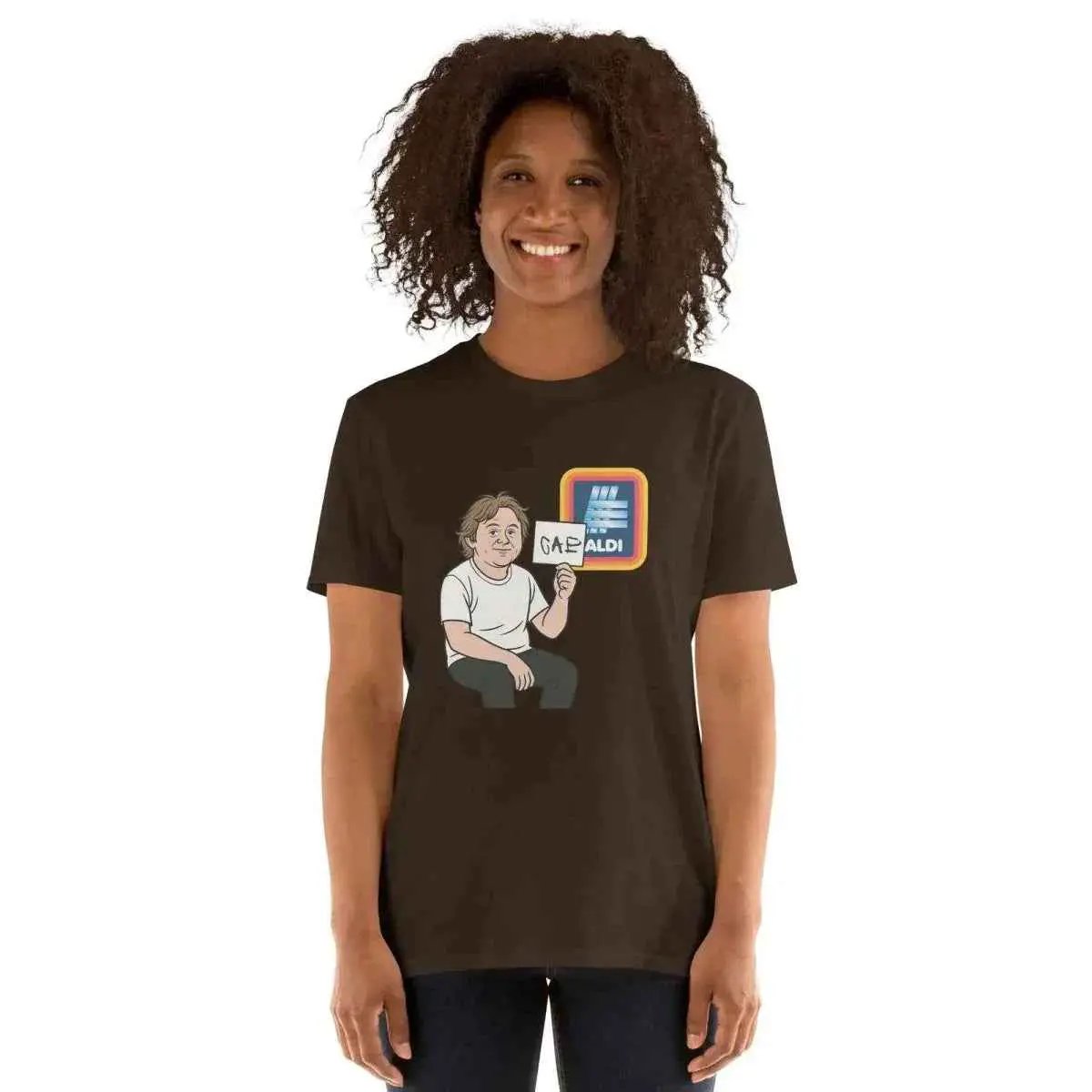 Unisex cotton T-shirt, dark brown, front graphic of cartoon character with Aldi-style logo