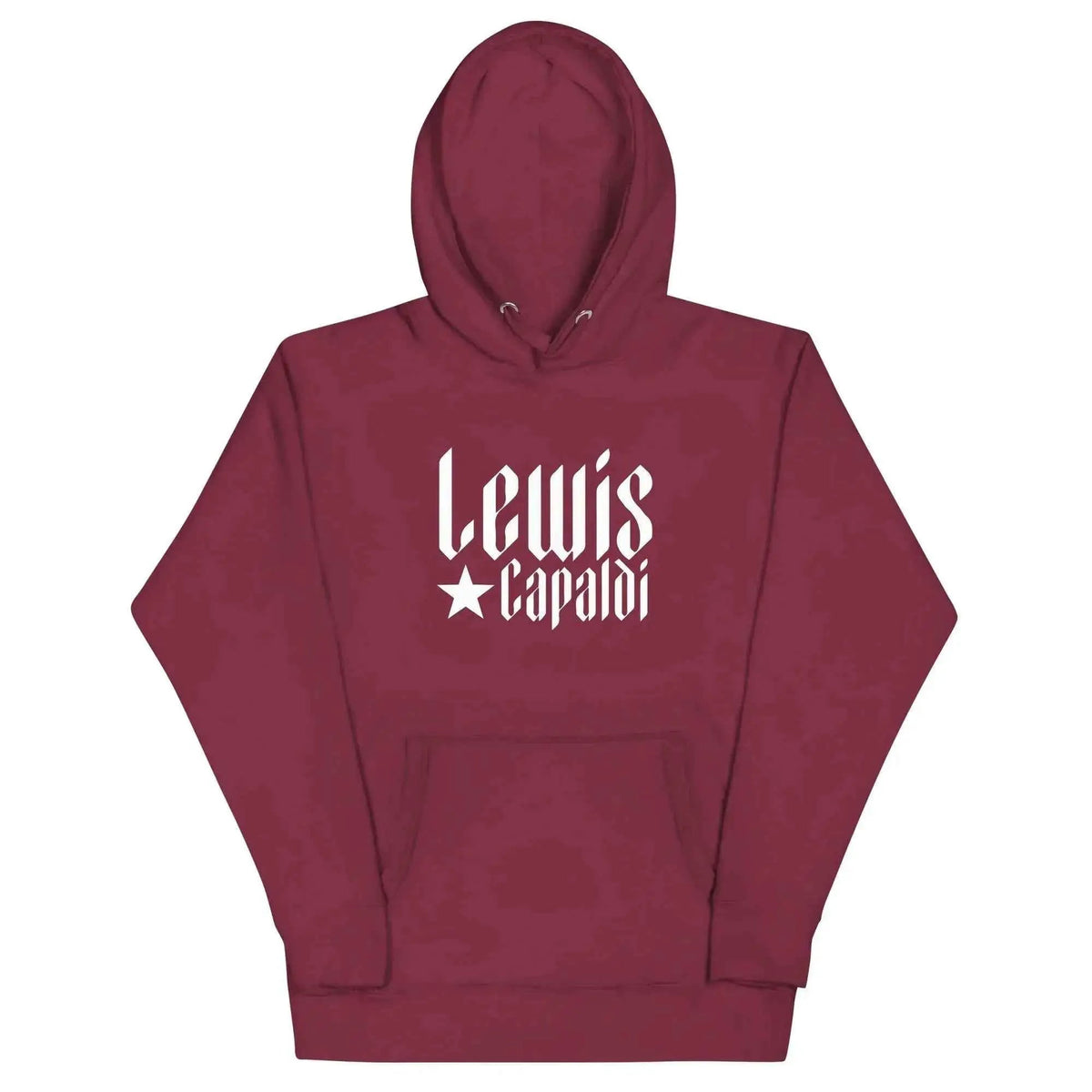 Unisex graphic pullover hoodie in maroon with white Lewis Capaldi logo on front