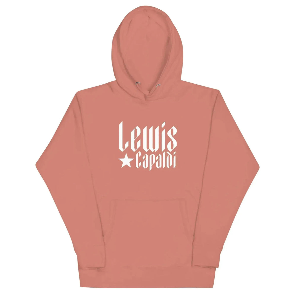 Unisex graphic pullover hoodie in dusty rose with white Lewis Capaldi logo on front