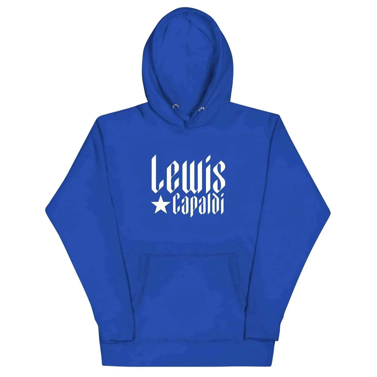 Unisex graphic pullover hoodie in royal blue with white Lewis Capaldi logo on front