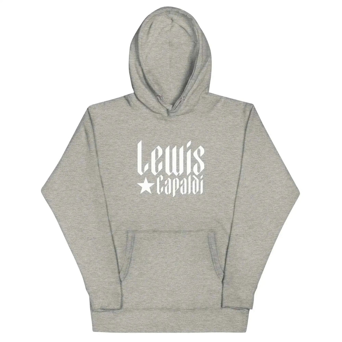 Unisex graphic pullover hoodie in light gray with white Lewis Capaldi logo on front