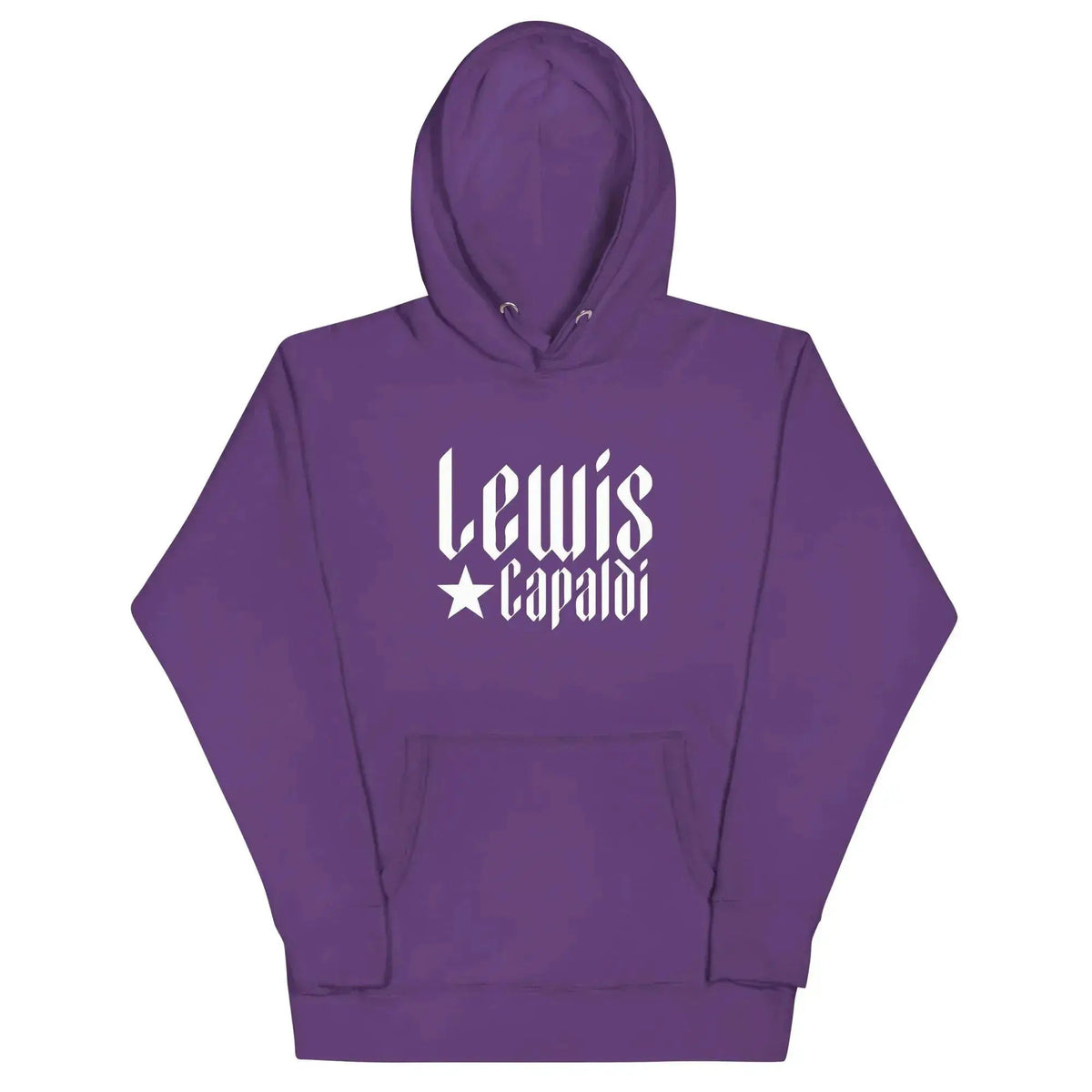 Unisex graphic pullover hoodie in purple with white Lewis Capaldi logo on front
