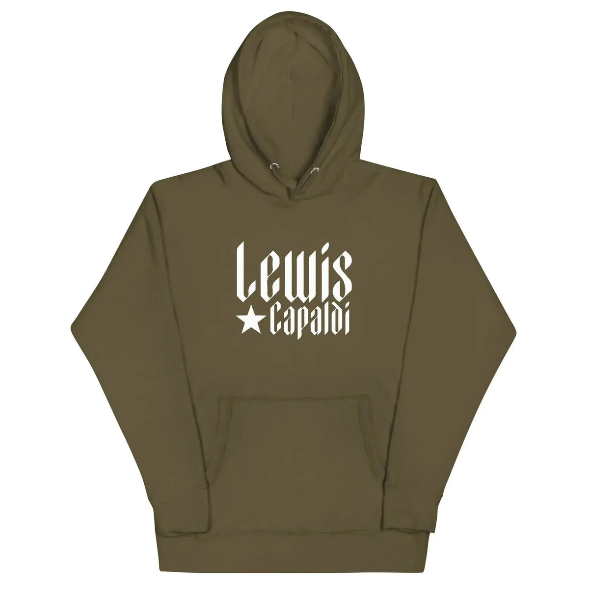 Unisex graphic pullover hoodie in olive green with white Lewis Capaldi logo on front
