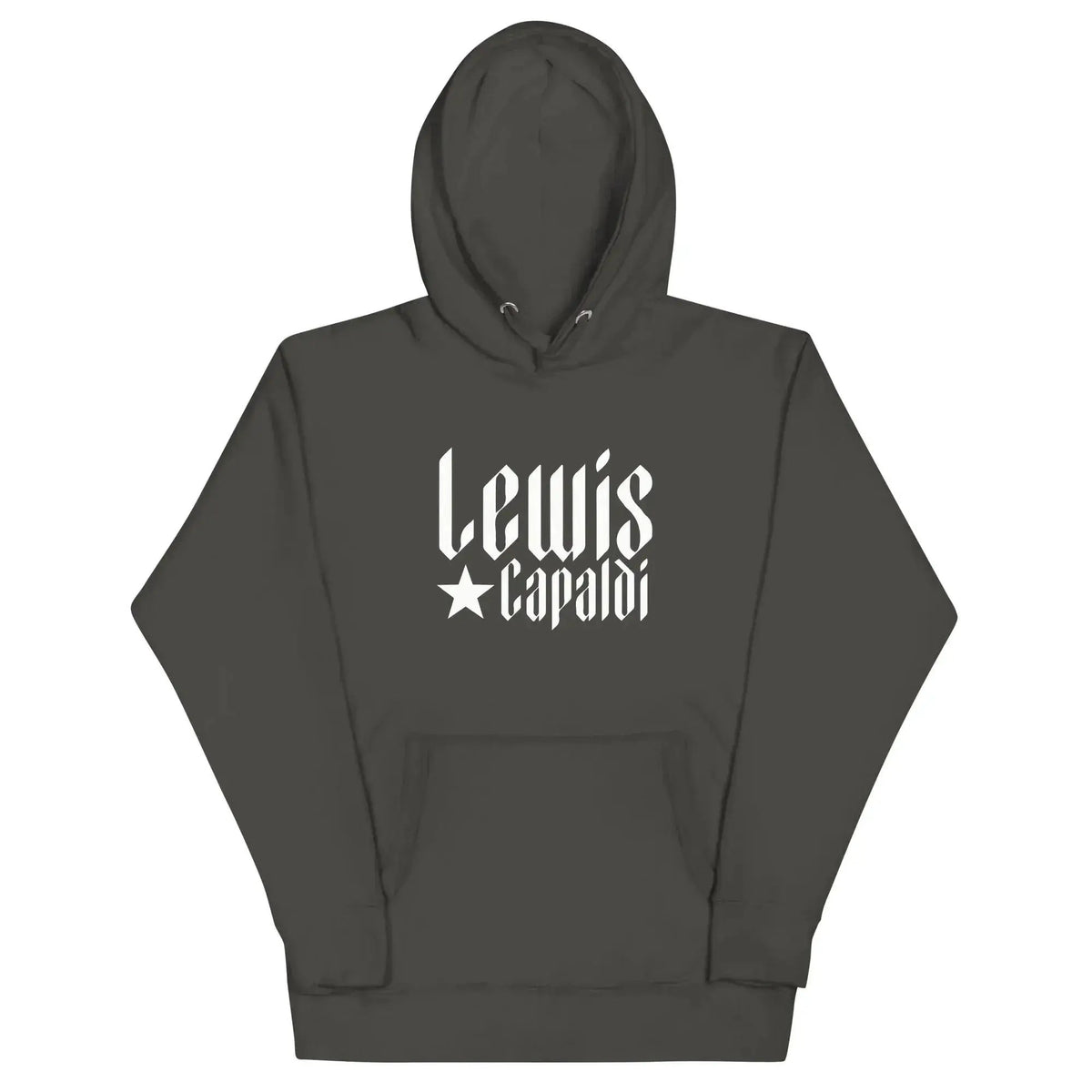 Dark gray cotton graphic pullover hoodie with hood and front pouch pocket