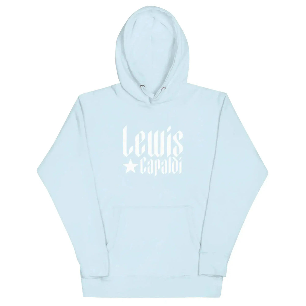 Unisex graphic pullover hoodie in light blue with white Lewis Capaldi logo on front