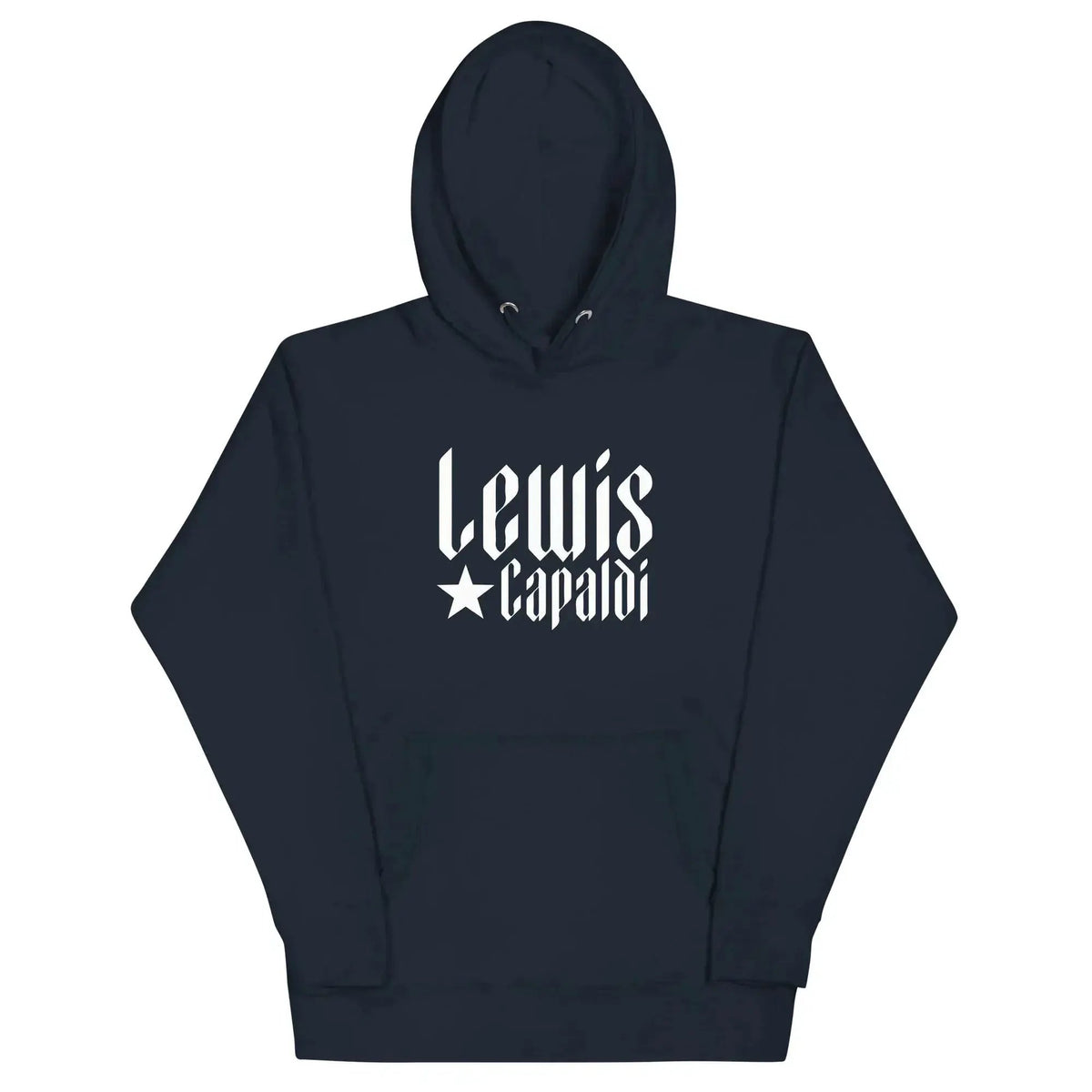 Unisex graphic pullover hoodie in navy with white Lewis Capaldi logo on front