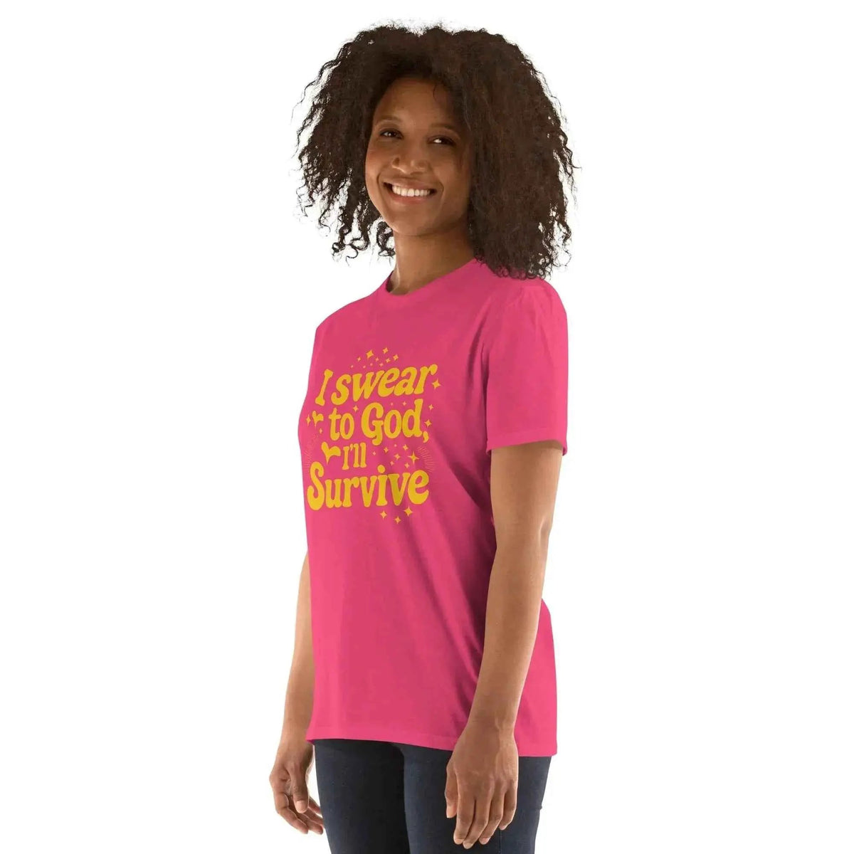 Unisex pink crewneck T-shirt with yellow lyrics graphic, short sleeves