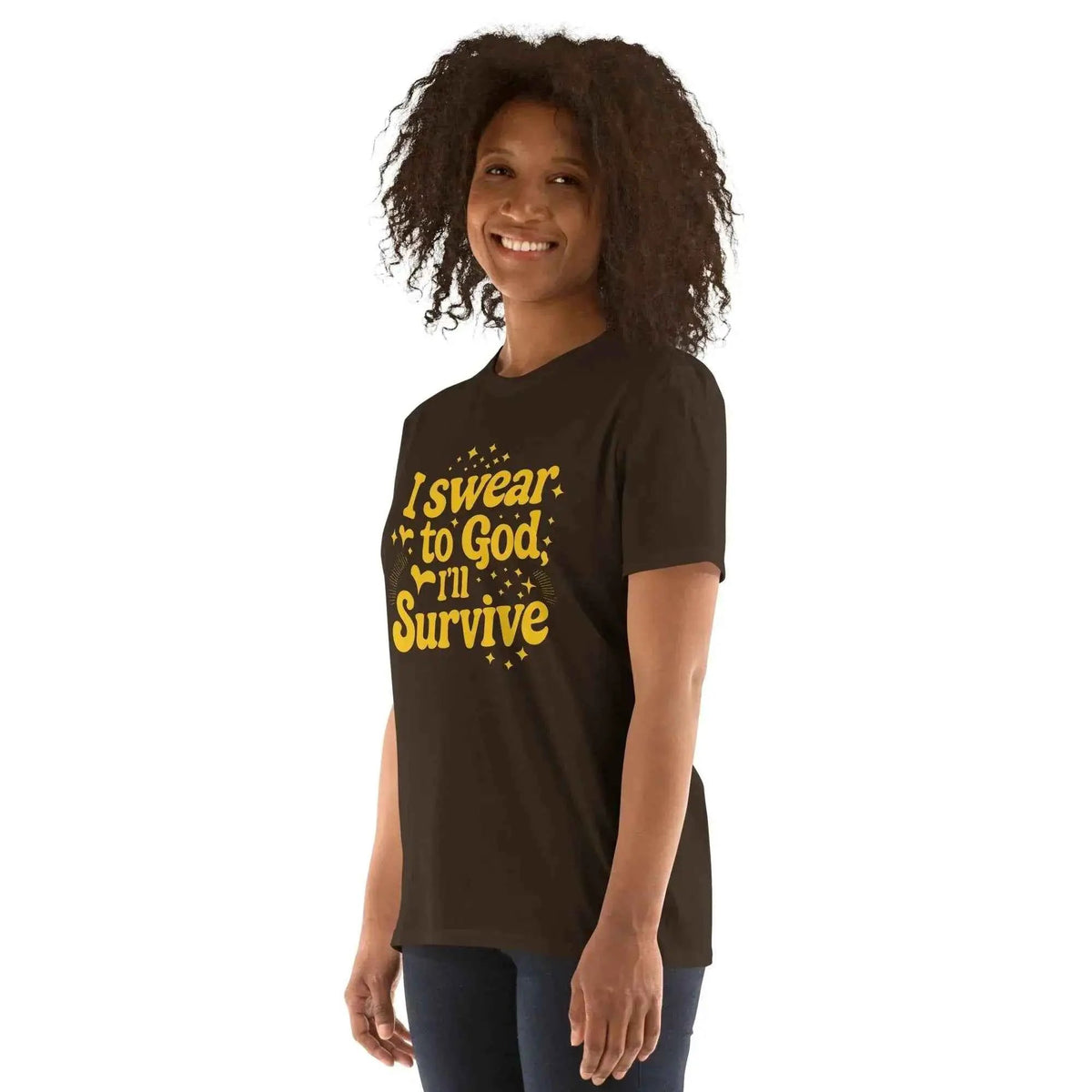 Unisex dark brown graphic T-shirt with yellow “I swear to God, I’ll survive” print, side view